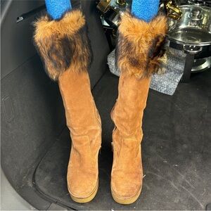 UGG Tan Suede Boots with Fur Trim